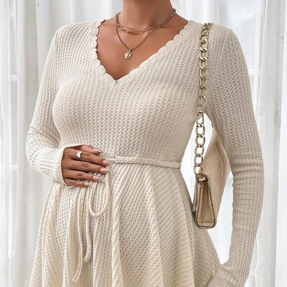 Khaki Casual Women's Maternity Solid Color Drawstring Waist T-Shirt - Picture 3 of 5